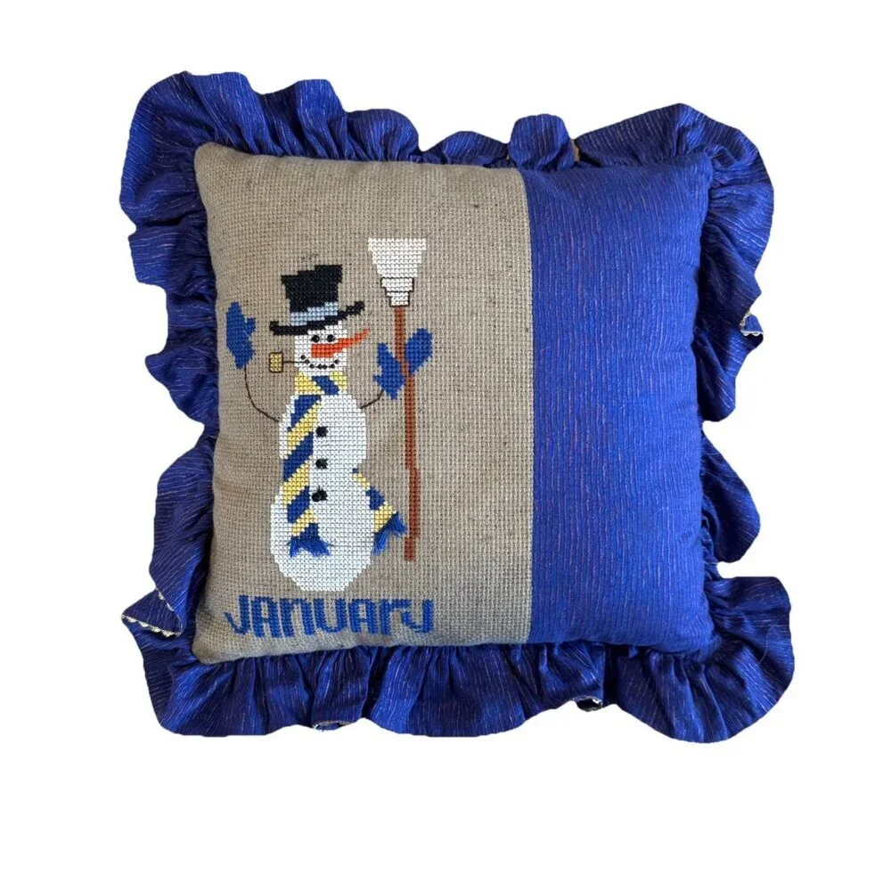 Vintage Cross Stitched Snowman Throw Decorative Pillow Purple Ruffled January